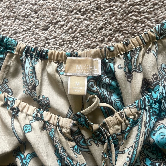 Michael Kors Paisley Long sleeve Scoop neck front tie top cream blue size M - Picture 4 of 9